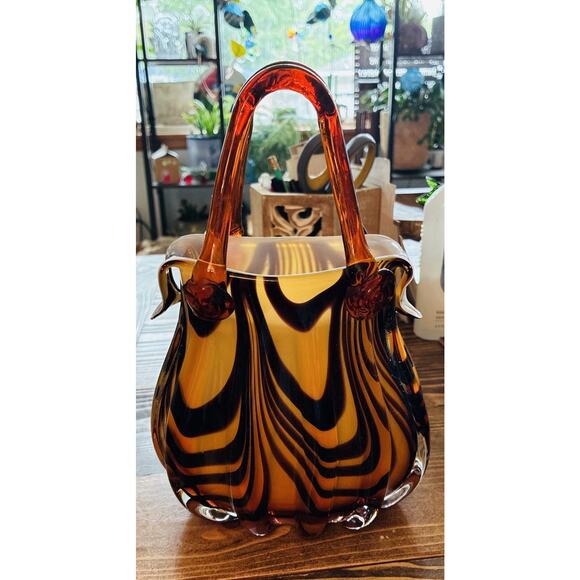 Mid 20th Century Hand Blown Art Glass Brown Black Animal print Applied Handle - Picture 2 of 6